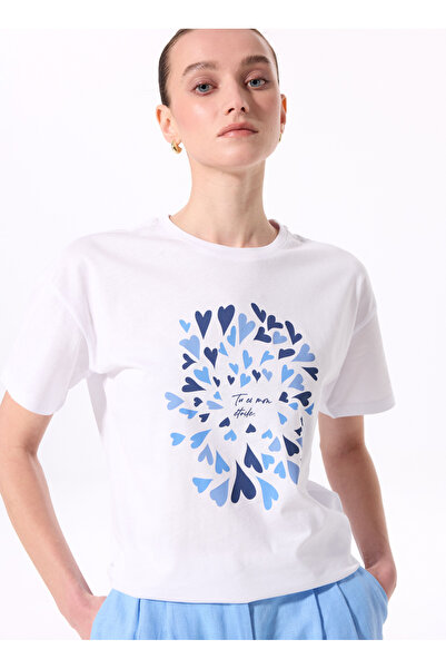 Fabrika Bisiklet Yaka Baskılı Beyaz Kadın T-Shirt F5SL-TST0425