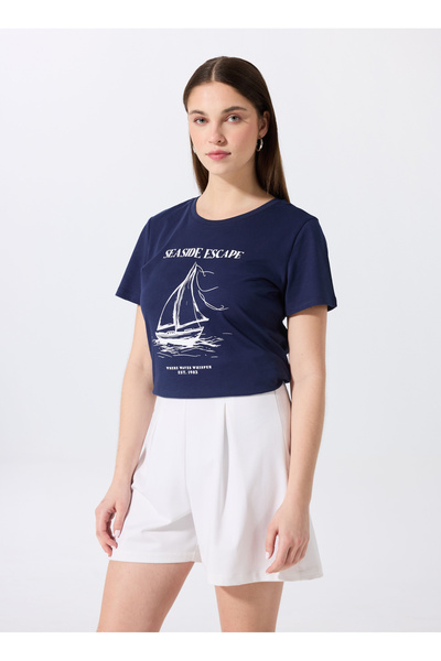 Fabrika Bisiklet Yaka Baskılı Lacivert Kadın T-Shirt F5SL-TST0446