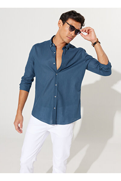 ALTINYILDIZ CLASSICS Altınyıldız Classics Slim Fit Düğmeli Yaka Petrol Erkek Gömlek 4A2021200056