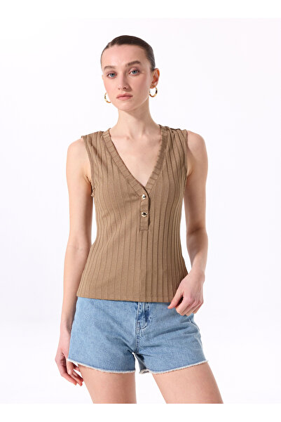 Fabrika V Yaka Fitilli Haki Kadın Atlet F5SL-TST0110