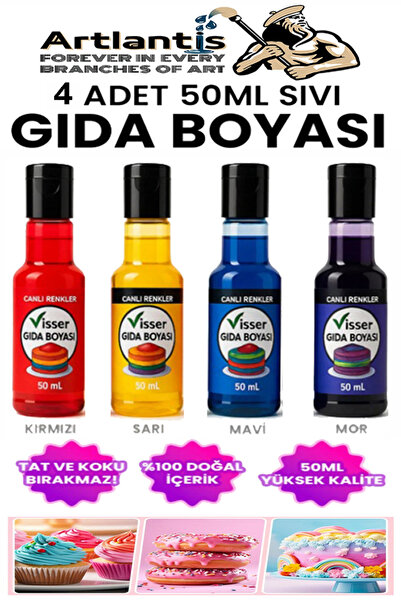 Artlantis Renkli Gıda Boyası Sıvı 50 ml 4 Adet Su Bazlı Likit Renkli Sıvı Gıd...