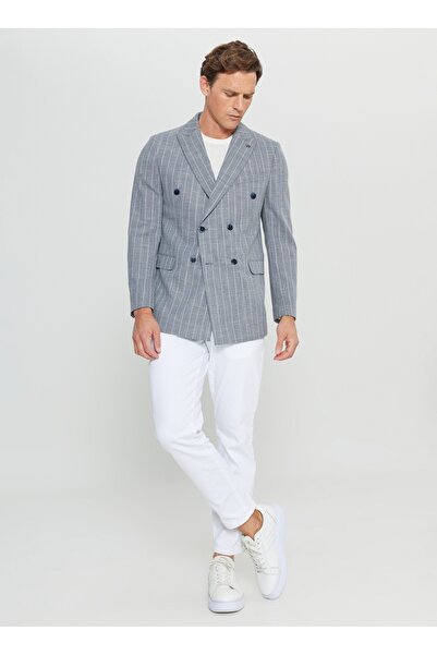 ALTINYILDIZ CLASSICS Pamuklu Slim Fit Dar Kesim Kırlangıç Yaka Çizgili Esnek Blazer Lacivert Ceket