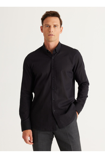 ALTINYILDIZ CLASSICS Altınyıldız Classics Slim Fit Düğmeli Yaka Siyah Erkek Gömlek 4A2021200056