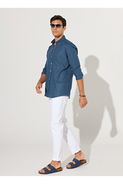 ALTINYILDIZ CLASSICS Altınyıldız Classics Slim Fit Düğmeli Yaka Petrol Erkek Gömlek 4A2021200056