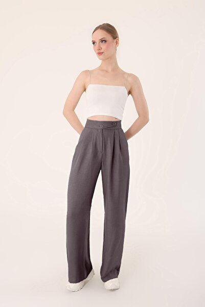Hazel Women's Anthracite Linen Blend Korean Style Palazzo Pants