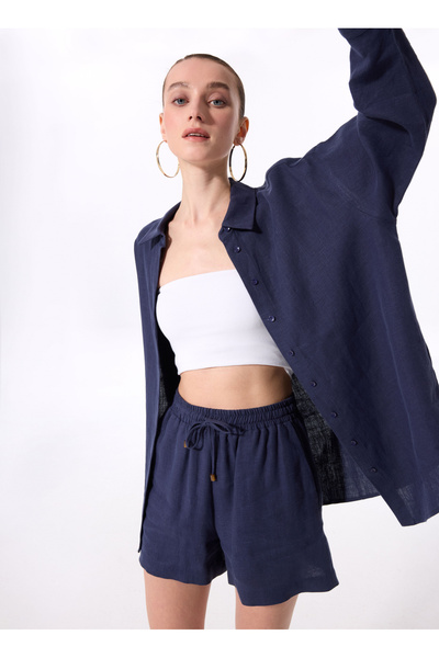 FABRIKA COMFORT Lacivert Kadın Rahat Kalıp %100 Keten Gömlek FC5SL-GML0262