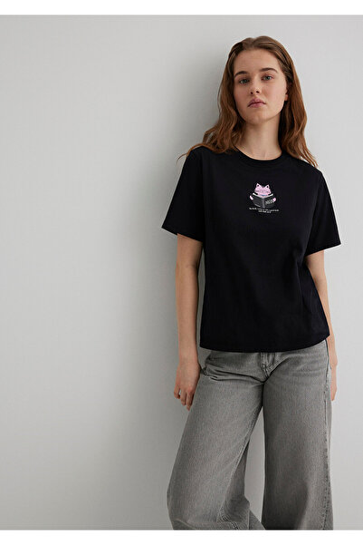 Mavi Kedi Baskılı Siyah Tişört Regular Fit / Normal Kesim 1613176-900