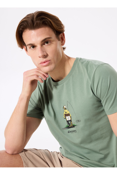 Discovery Expedition D5SM-TST3736 Açık Haki Bisiklet Yaka Relaxed Baskılı Erk...