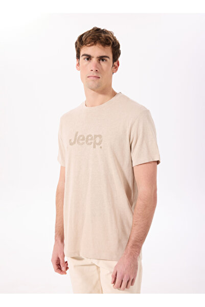 Jeep Bisiklet Yaka Baskılı Bej Erkek T-Shirt J5SM-TST7322