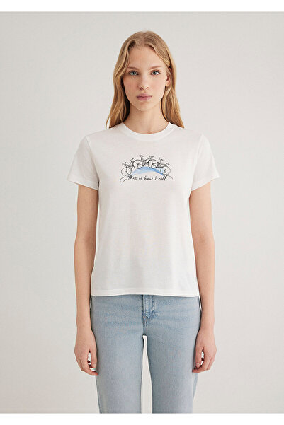 Mavi Bisiklet Baskılı Ekru Tişört Semi Slim Fit / Yarı Dar Kesim 1612982-70057