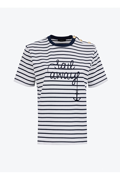 Fabrika Bisiklet Yaka Çizgili Ekru - Lacivert Kadın T-Shirt F5SL-TST0109