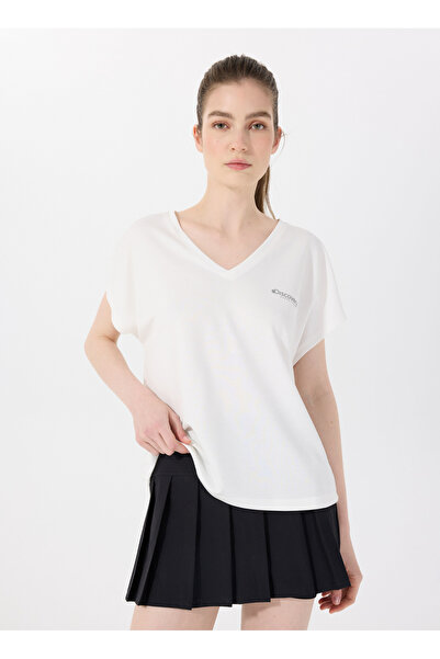Discovery Expedition D5SL-TST3544 Beyaz V Yaka Relaxed Baskılı Kadın T-Shirt