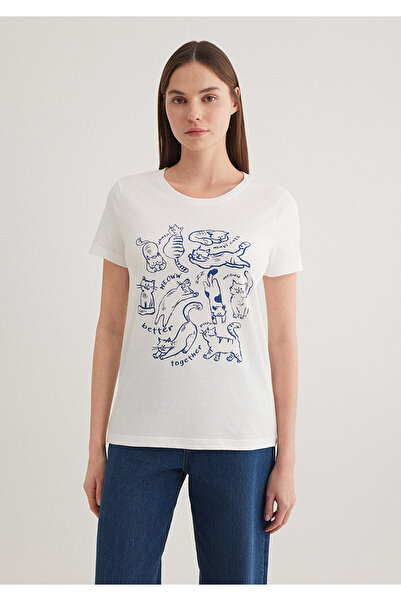 Mavi Λευκό μπλουζάκι με στάμπα Cat Slim Fit / Slim Fit1612206-70057