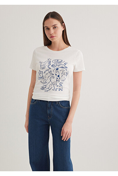 Mavi Λευκό μπλουζάκι με στάμπα Cat Slim Fit / Slim Fit1612206-70057