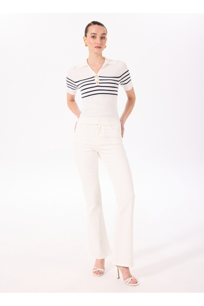 Fabrika Normal Bel Geniş Paça Flare Kırık Beyaz Kadın Denim Pantolon F5SL-PNT...