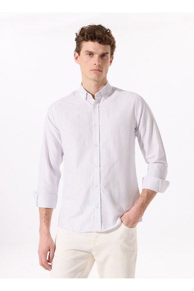 Fabrika Basic Düğmeli Yaka Çizgili Lacivert Erkek Gömlek MAYDOS 501