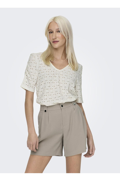 ONLY V Yaka Transparan Beyaz Kadın Bluz ONLROSA S/S V-NECK PUFF TOP JRS