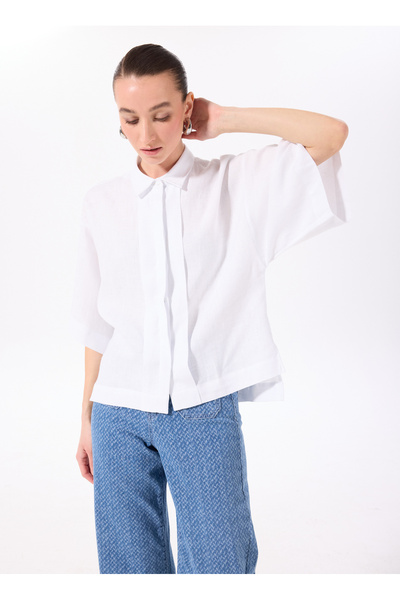 Fabrika Beyaz Kadın Loose Fit %100 Keten Gömlek F5SL-GML0063