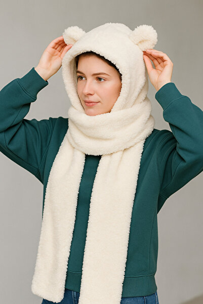 Homy Life Kore Tarzı Peluş Ayı Kulaklı Rüzgar Geçirmez Kapüşonlu Şapka Bere Kışlık Welsoft Atkı Boyunluk Şal