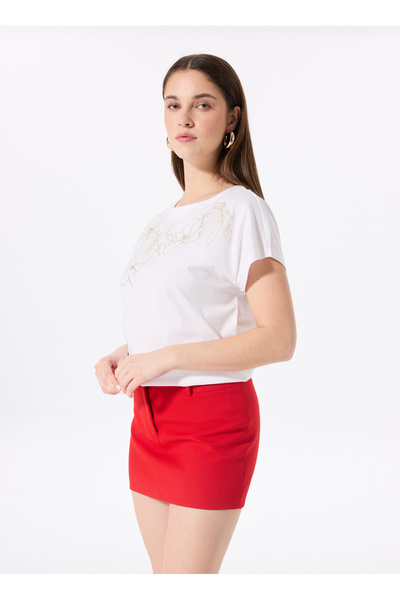 FABRIKA COMFORT Kırık Beyaz Kadın Relaxed Varaklı T-Shirt FC5SL-TST0204