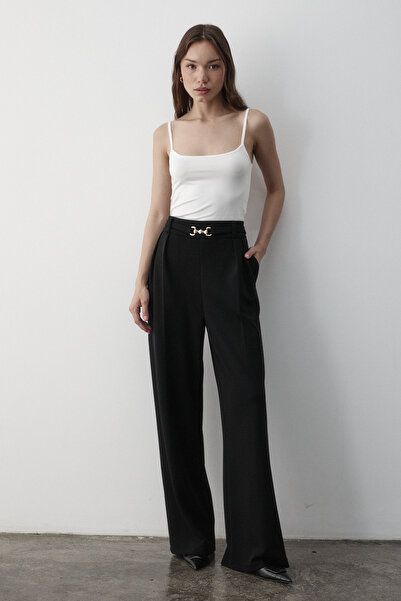 JASTE Kadın Siyah Likralı Toka Kemer Detaylı Lastikli Palazzo Pantolon