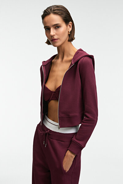 GRIMELANGE Cosima Women's Metal Zipper Hooded Crop Burgundy Sweatshirt
