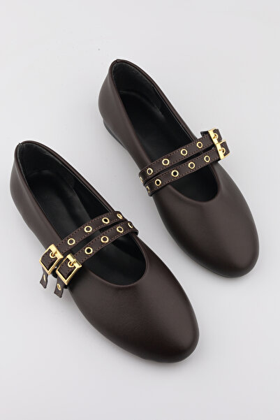 moon glow Γυναικείες μπαλαρίνες Bitter Brown Ballerina Studded Double Buckle |   Καθημερινή άνετη επίπεδη σόλα Mary Jane Fashion