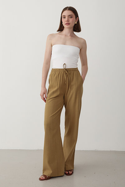 JASTE Kadın Hardal Beli Lastikli Bol Paça Palazzo Keten Pantolon
