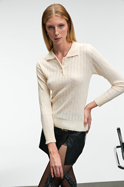 GRIMELANGE Castana Women's Polo Neck Buttoned Regular Fit Knitwear Ecru Sweater