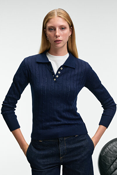 GRIMELANGE CASTANA Pulover pentru femei, cu guler polo, cu nasturi, tricotaj cu croiala normala, albastru bleumarin