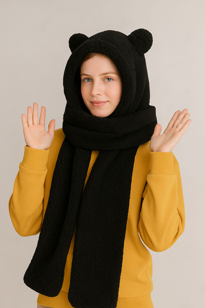 Homy Life Kore Tarzı Peluş Ayı Kulaklı Rüzgar Geçirmez Kapüşonlu Şapka Bere Kışlık Welsoft Atkı Boyunluk Şal