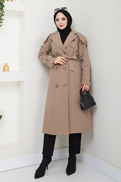 InStyle Lined Beige Trench Coat with Epaulettes on the Shoulders