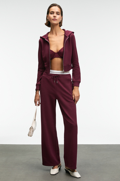 GRIMELANGE Cosima Women's Metal Zipper Hooded Crop Burgundy Sweatshirt