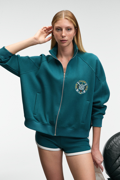 GRIMELANGE TORMENTA Kadın Nakışlı Fermuarlı Dik Yaka Çift Cepli Reglan Kol Koyu Turkuaz Sweatshirt