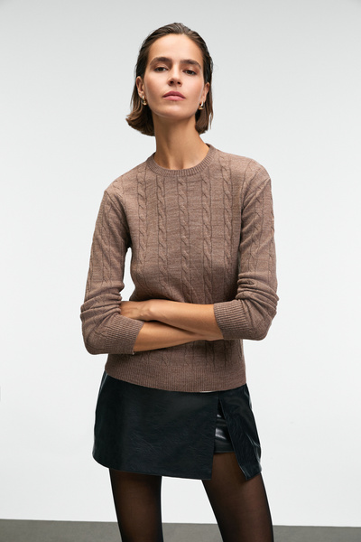 GRIMELANGE Querida Women's Round Neck Hair Braided Regular Fit Knitwear Brown Sweater