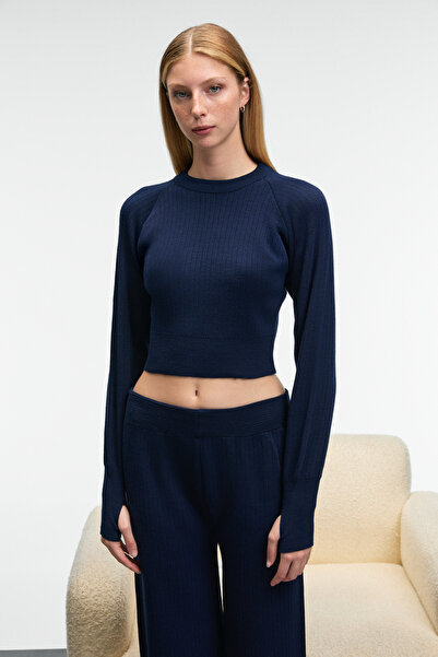 GRIMELANGE MARIPOSA női kerek nyakú, csíkos mintás, széles szárú kötöttáru, sötétkék alsó-felső szett