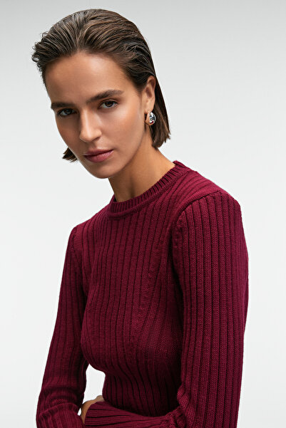 GRIMELANGE ENCANTO Kadın Yuvarlak Yaka Çizgi Desenli Slim Fit Bordo Elbise