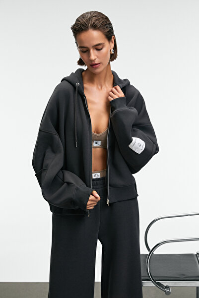 GRIMELANGE Vivienne Women's Metal Zippered Hooded Anthracite Sweatshirt with Ornamental Label and Pocket Detail on the Sleeve