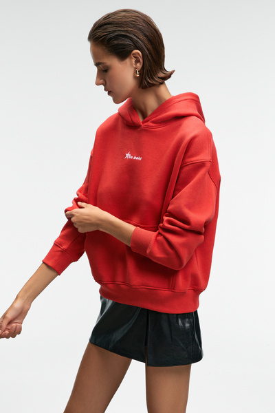 GRIMELANGE Melurea Women's Embroidered Hooded Comfort Fit Red Sweatshirt