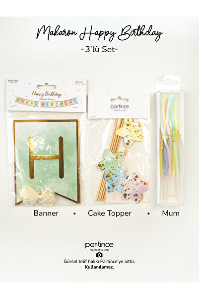 partince 3'lü Set Happy Birthday Yazısı Banner Makaron Renk Pasta Süsü Cake T...