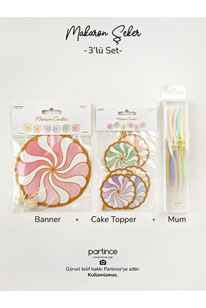 partince 3'lü Set Makaron Şeker Banner Pasta Süsleyici Cake Topper Ve Spiral ...