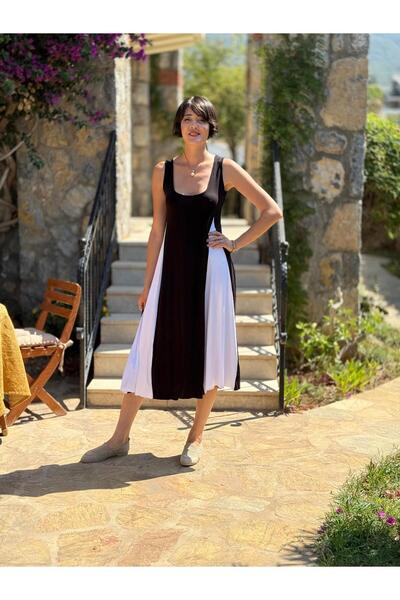 Punta Otantik Ms3123 Sleeveless Lapel Viscose Dress Black White