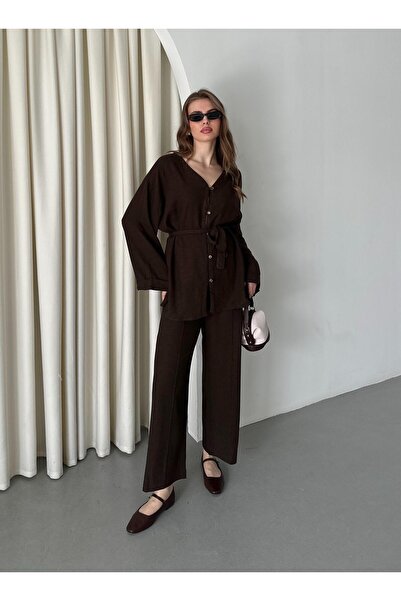Laluvia Kahverengi %100 Pamuk Kemerli Gömlek Pantolon Takım