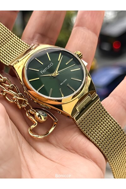 Ferrucci Marka Gümüş Renk Çelik Kordon, Yeşil Kasa Sevgili Çift Kol Saatleri + Tesbih Bileklik
