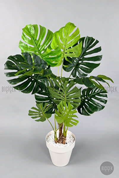 BİÇİÇEK Yapay Ağaç Monstera Bambu Gövdeli 150cm Devetabanı Ağacı Büyük Boy Kırıkbeyaz Renk Yalı Saksıda