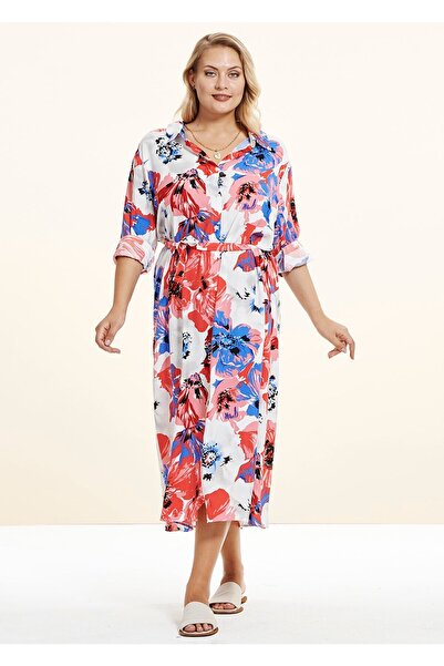 EVEN plus size Turuncu Çiçekli Viskon Büyük Beden Gömlek Elbise
