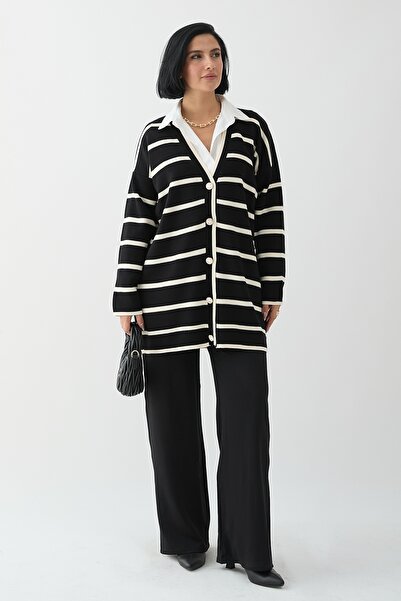 InStyle Salaş Şeritli Siyah Triko Hırka