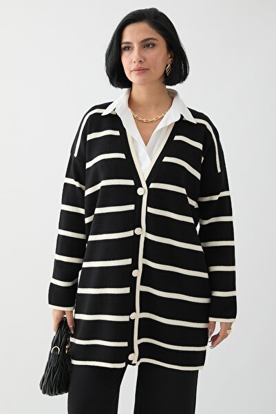 InStyle Salaş Şeritli Siyah Triko Hırka