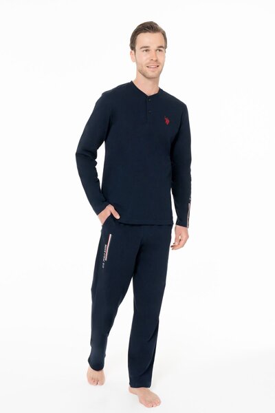 U.S. Polo Assn. U.s Polo Assn. 18959 Чоловічий піжамний комплект з довгими рукавами та коміром на трьох ґудзиках — темно-синій
