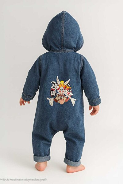 CROCODAYS Unisex Çocuk Bebek Kot (JEANS) Baskılı Kapşonlu Tulum (3/6/9/12/18/24) Ay